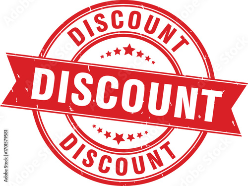 Red Discount Circle Stamp with Stars on White Background