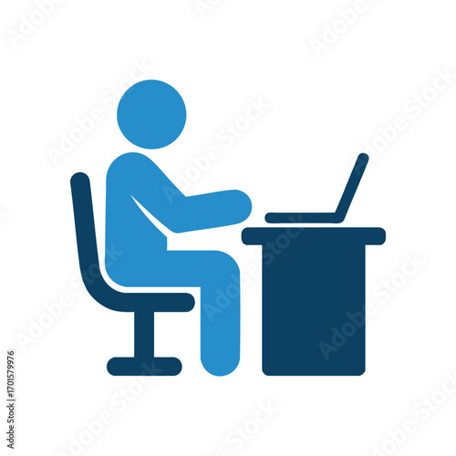 Icon of person sitting at desk using laptop computer for work or study