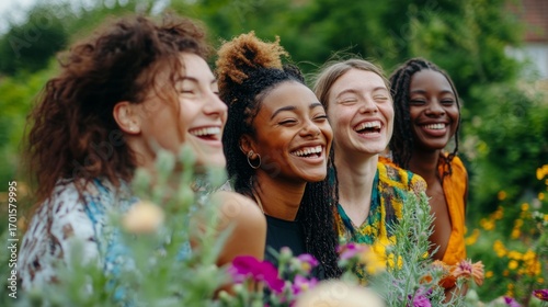 Four joyful women share a moment among beautiful flowers. Their laughter resonates in the garden. Happiness draws people together in nature. Generative AI
