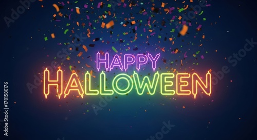 Vibrant neon happy halloween sign with falling confetti against a dark blue, creating a festive and energetic atmosphere for a halloween party or celebration, perfect for a digital display