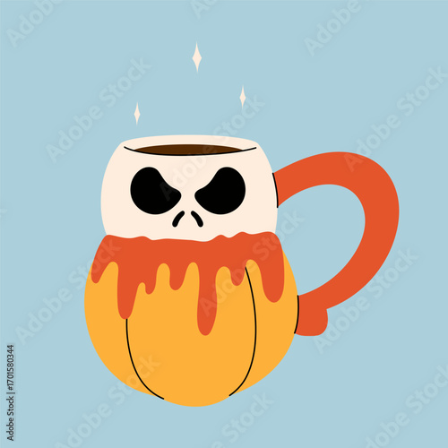 Cute kawaii halloween pumpkin mug with hot drink for kids and design. Pumpkin latte in a beautiful mug with marshmallow. Vector stock illustration on a blue background.