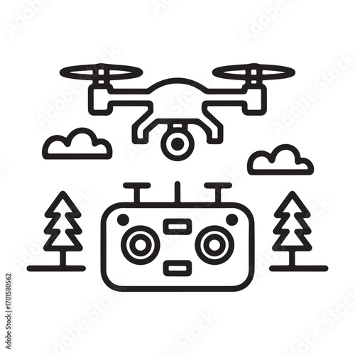 Modern drone with camera and remote control in a stylized outdoor landscape silhouette