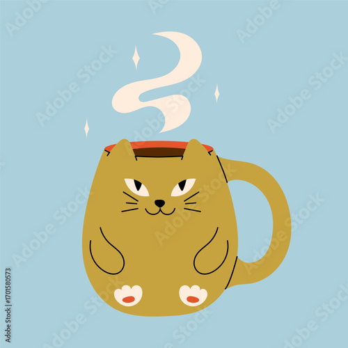 Cute kawaii halloween mug cat with hot drink for kids and design. pumpkin latte in a beautiful mug with marshmallow and straw. Vector stock illustration on a blue background.