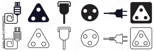 Electric plug and socket icons set. Set of electrical plug, socket, and power icons in blue tones, representing energy, electricity, charging, and power connections. Vector illustration
