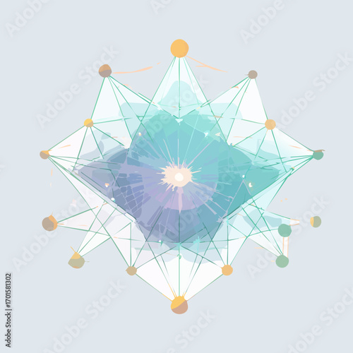 Abstract cosmic constellation network vector with glowing mint and lavender nodes connected by clean geometric lines, futuristic outer space background with copy space, cinematic sci-fi poster design