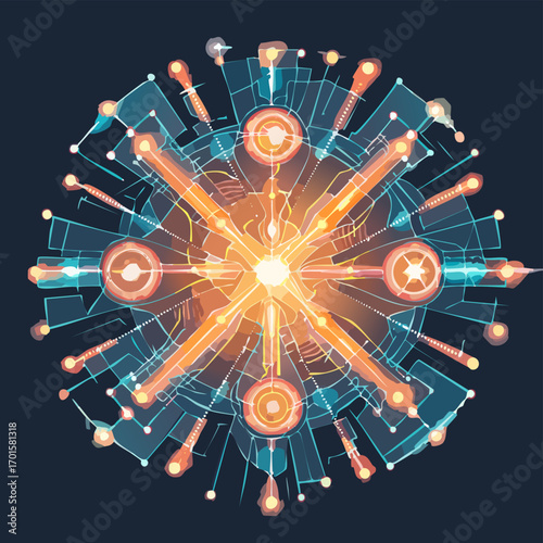 Abstract holographic circuit grid vector with glowing apricot and aqua neon lines forming futuristic tech web, cinematic sci-fi poster background