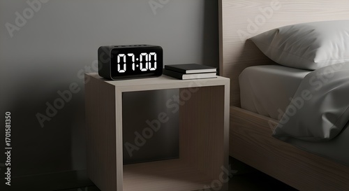 A minimalist nightstand with a digital clock, placed neatly