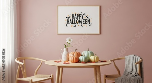 A charming halloween scene with a framed happy halloween print above a table adorned with pumpkins and flowers, set against a pink wall, creating a cozy and festive atmosphere