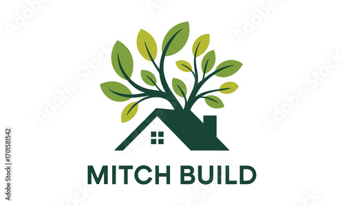 Mitch build logo green leafy tree growing from house symbol for construction and development
