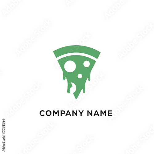 Green pizza slice logo with dripping cheese and company name.