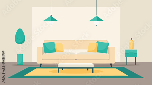 Modern living room interior design offers calm and elegant flat vector home decor inspiration