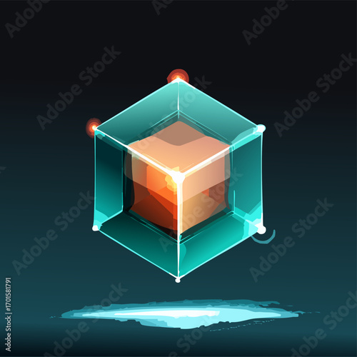 Vector holographic cube with transparent neon mint and coral faces, floating in dark slate void with glowing rim light, futuristic cinematic poster design