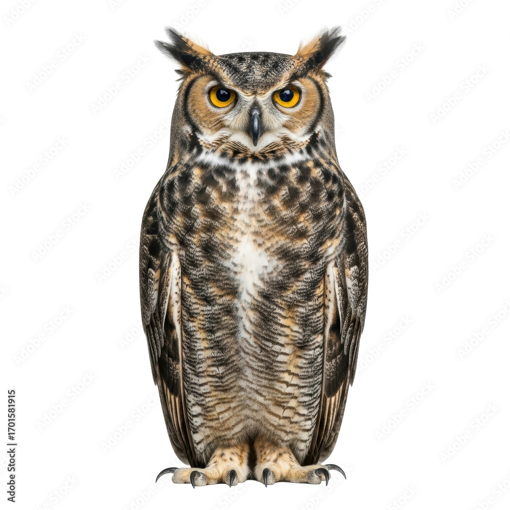 Naklejka premium A magnificent great horned owl with piercing amber eyes and mottled brown plumage, perched upright in a bright white studio with copy space. Concept of ancient wisdom and vigilance