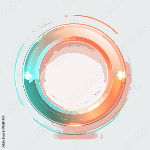 Futuristic vector energy ring with glowing neon coral and sage beams rotating in circular symmetry, cinematic sci-fi emblem design