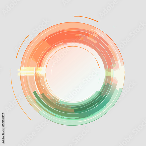 Futuristic vector energy ring with glowing neon coral and sage beams rotating in circular symmetry, cinematic sci-fi emblem design