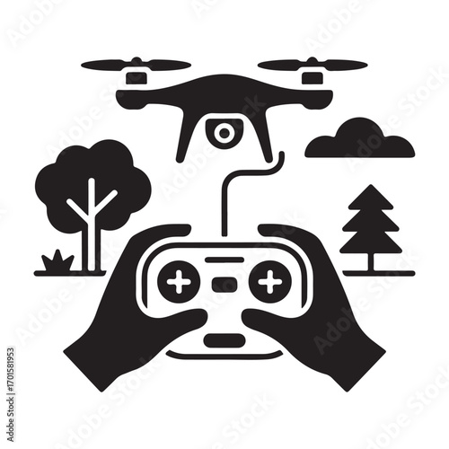 Hands holding a drone remote controller operating a flying drone with trees and clouds in the background silhouette