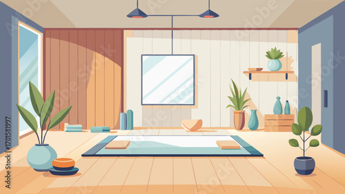 Find inner peace in this modern yoga studio with serene atmosphere perfect for mindfulness or meditation