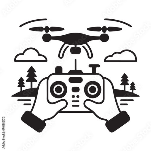 Hands holding a drone remote control with a flying drone overhead in a landscape silhouette