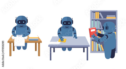 Three robots performing different tasks: laundry, cleaning, and reading.