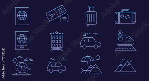 Line art travel elements representing passport, tickets, luggage, hotel, car, train, beach, and mountains against a dark blue backdrop, conveying a sense of wanderlust.