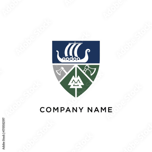 Viking shield logo with longship drakkar and Valknut symbol.