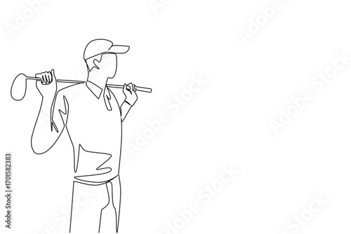 Continuous one line drawing a young man wearing gloves and a hat is putting a golf club on his shoulder. Waiting for his turn. Practice. National Golf Day. Single line draw design vector illustration