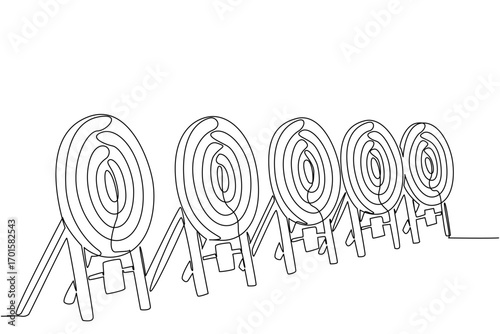 Single one line drawing 5 dart target boards lined up. Archery target pads are prepared for the competition. Looking for talent. Tournament. Archery Day. Continuous line design graphic illustration