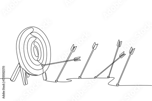 Continuous one line drawing more arrows stuck in the ground than the target pad. Lots of practice to perfect. Lack of accuracy. Not on target. Archery Day. Single line draw design vector illustration