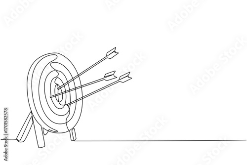 Single continuous line drawing 3 arrows hit the target pad. Achievements that are not yet optimal. Lack of practice. Lack of focus. Lack of accuracy. Archery Day. One line design vector illustration