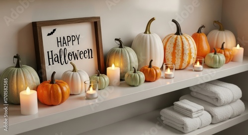 A festive halloween display featuring an assortment of pumpkins, candles, and a framed sign that reads happy halloween arranged a shelf with neatly folded towels