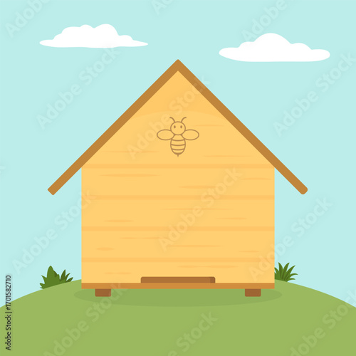 Minimalist wooden beehive on sunny hill. Vector illustration for eco-themed designs, honey packaging, organic branding, or educational materials about pollination and sustainability