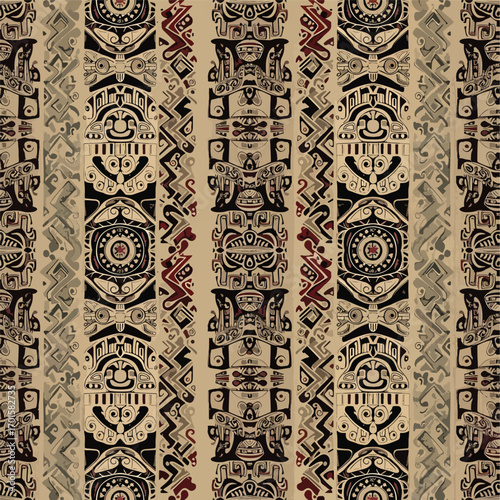 Intricate ethnic pattern featuring Mayan and Aztec tribal motifs with totem figures, patern seamless, Stock royalty image.