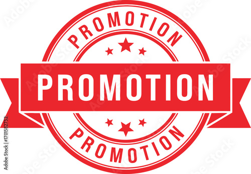 Red Promotion Label with Stars and Decorative Ribbon on White Background