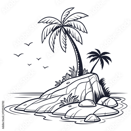 Tropical island with palm trees and birds flying in the sky