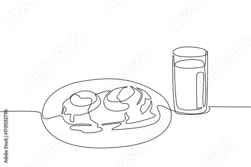 Continuous one line drawing eggs benedict topped with melted cheese and a glass of orange juice. Late breakfast moment. Filling. Brunch for Lunch Day. Single line draw design vector illustration