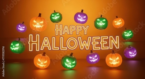 A vibrant halloween scene featuring glowing jackolanterns in orange, green, and purple, surrounding words happy halloween in a bright, illuminated display against a dark