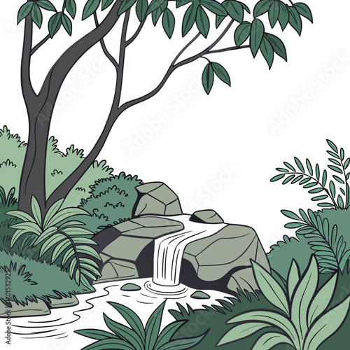 Cartoon waterfall flowing over rocks surrounded by lush green foliage and a large tree