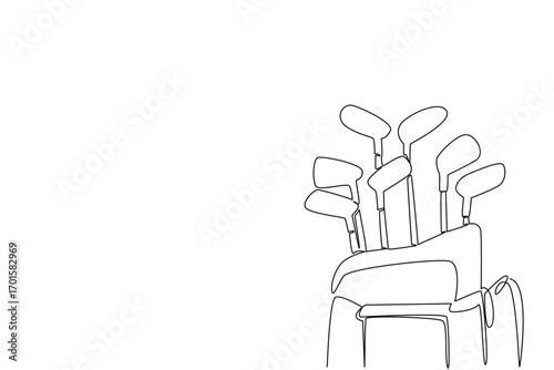 Single continuous line drawing a number of golf clubs in bag of varying heights. Leisure time gaming equipment. Casual sports. Luxury equipment. National Golf Day. One line design vector illustration