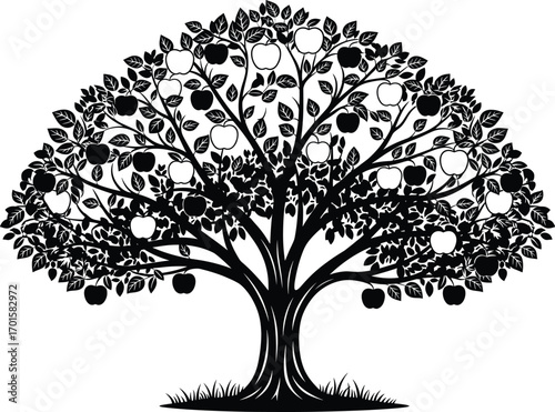 Black apple tree silhouette vector illustration with leaves and fruit, perfect for farm logo, eco design, gardening, orchard, organic fruit themes