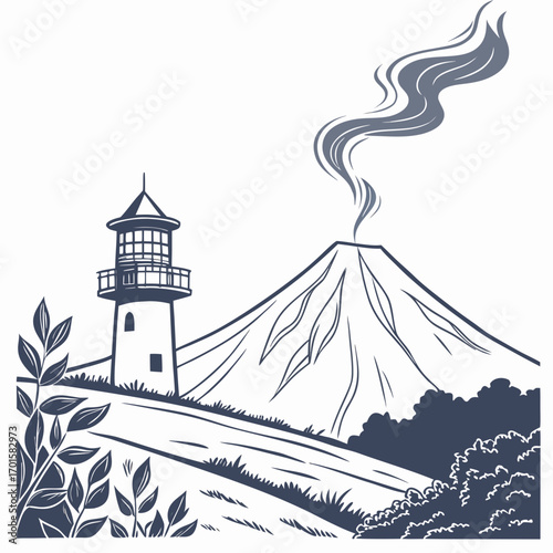 Lighthouse on a hill with a smoking volcano in the background
