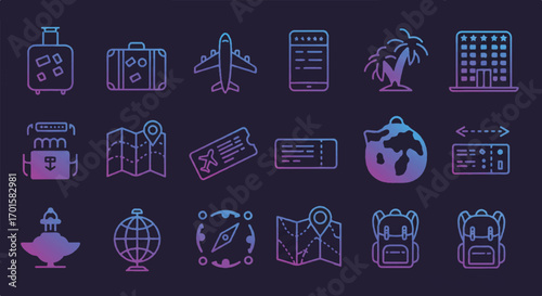 Line art travel elements representing vacation planning and tourism activities on dark purple gradient, creating a modern and stylish visual representation.
