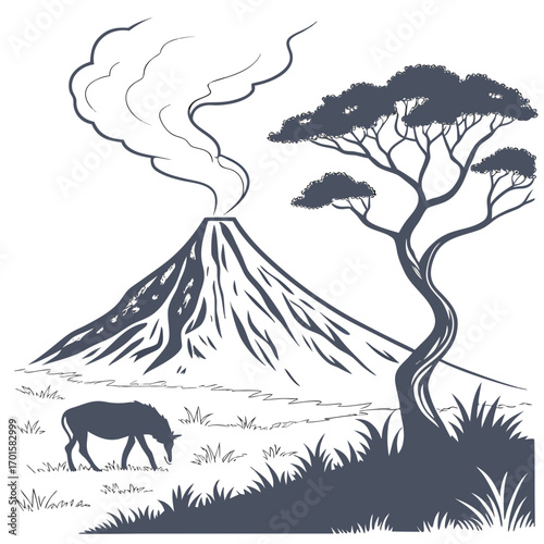 Volcano erupting with smoke in a savanna landscape with a lone animal and tree