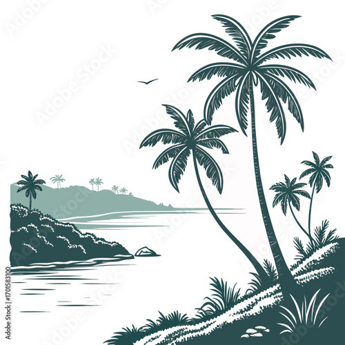 Tropical island coastline with palm trees and calm ocean water