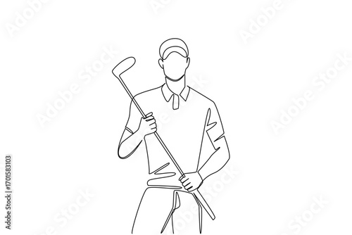 Single continuous line drawing a man wearing gloves holding a golf club with both hands. Hoping anxiously. Waiting for the first victory. Golfer. National Golf Day. One line design vector illustration