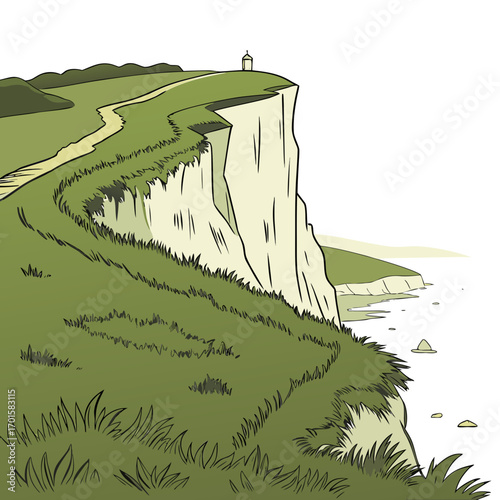 Coastal cliff path leading to a small building on the edge