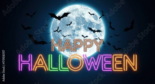 A spooky halloween night with a full moon and bats flying around, illuminated by a neon sign that reads happy halloween in vibrant colors, creating a festive atmosphere