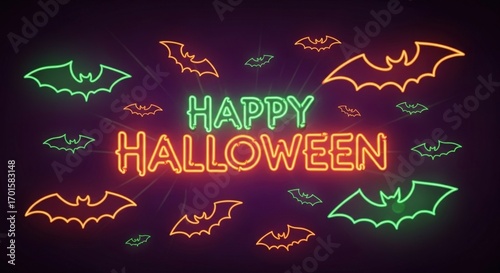 A vibrant neon sign that reads happy halloween surrounded by glowing bats, set against a dark, creating a festive and spooky atmosphere for holiday