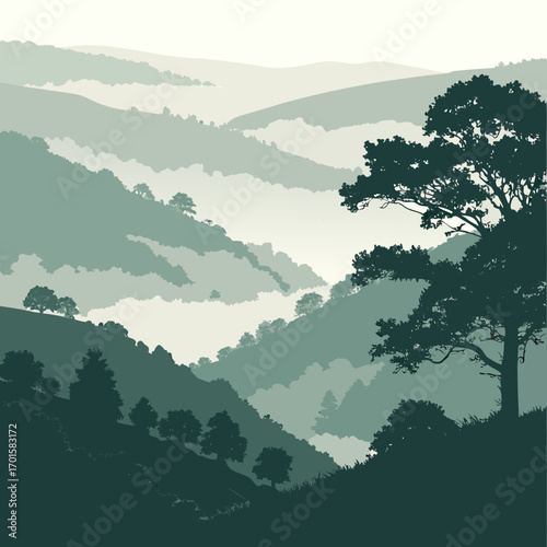 Misty mountain landscape with silhouette trees and rolling hills