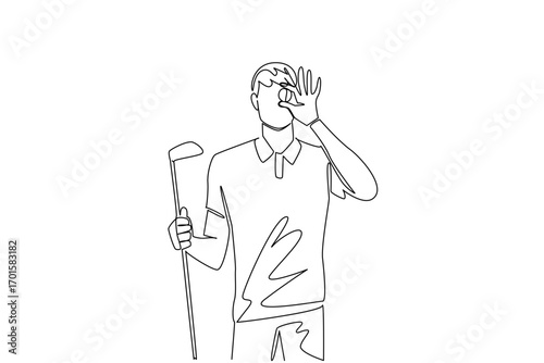 Single one line drawing a man in gloves holds a ball and places it in front of his eyes. Like measuring the distance to a golf hole. National Golf Day. Continuous line design graphic illustration