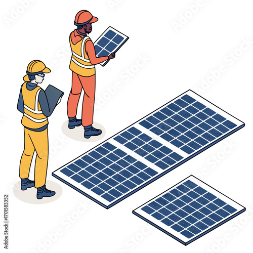 Construction workers installing solar panels for renewable energy
